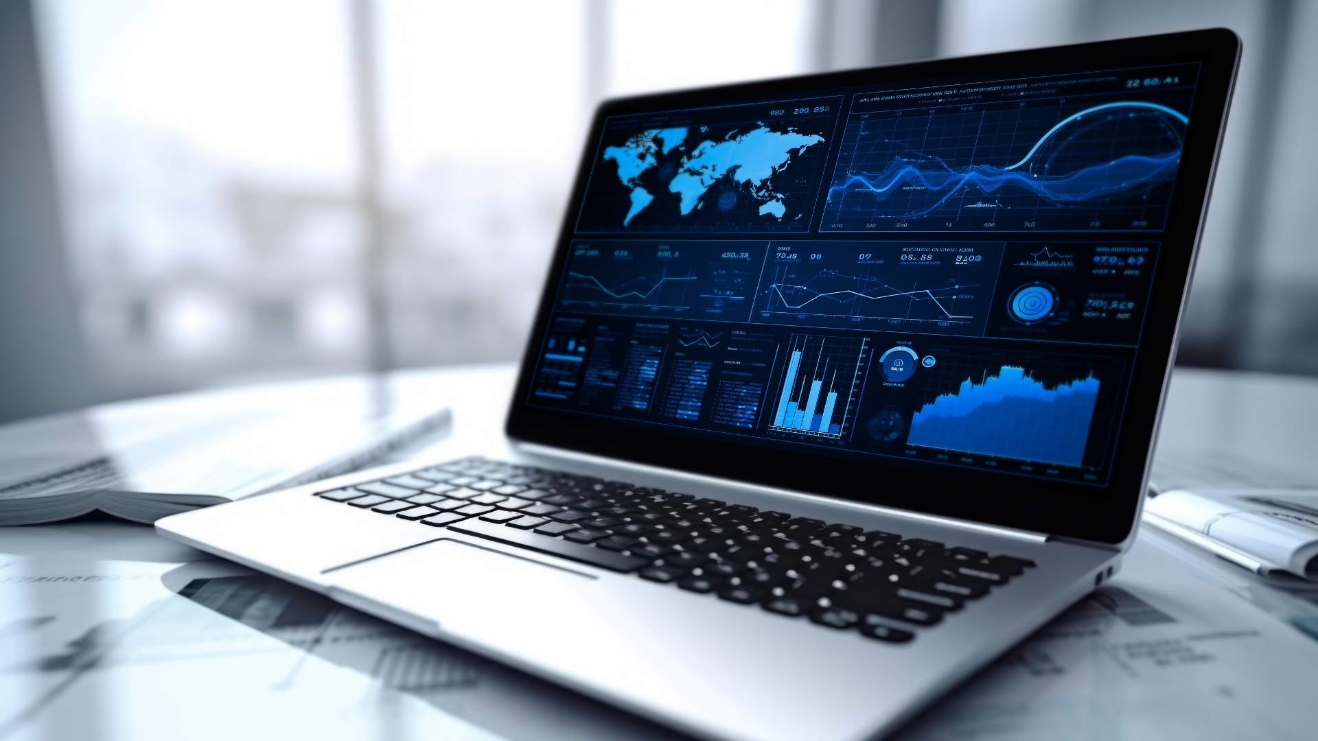 A laptop with a screen showing graphs and diagrams